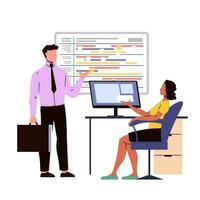 empresario y mujer de negocios en oficina. hombre y mujer trabajando a computadora. vector ilustración en plano estilo