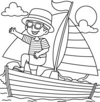 chico en el barco verano colorante página para niños vector