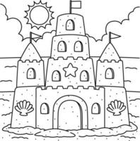 castillo de arena verano colorante página para niños vector