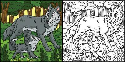 madre lobo y bebé lobo colorante ilustración vector