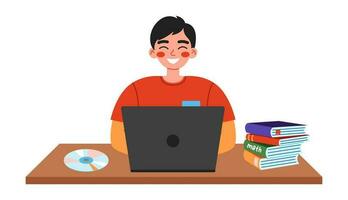 Cute school boy sitting at desk and using laptop on computer science lesson. Flat vector illustration on white background.