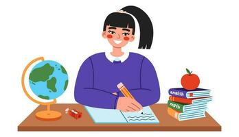 Cute school girl sitting at desk and writing on lesson. Flat vector illustration on white background.