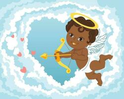 Cute cupid with bow and arrow, baby angel with a halo in the sky with clouds. Illustration, vector