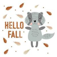 Cute badger in doodle style with autumn leaves and text Hello fall. Print, children's illustration, vector