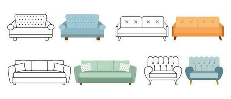 un conjunto de sofás, otomanos colección de tapizado mueble para el hogar. iconos, ilustraciones, bosquejo, vector