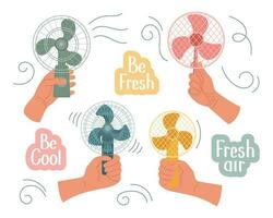 Hands with hand fans in flat style. Modern electric fans of different types and inscriptions. Icons, vector