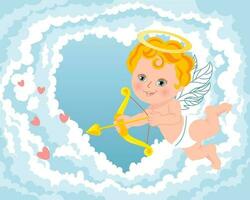 Cute cupid with bow and arrow, baby angel with a halo in the sky with clouds. Illustration, vector