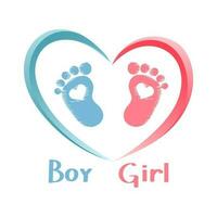 Two baby footprints in the shape of a heart. Red and blue symbol of a newborn in a heart.Newborn icons, stickers, postcard, vector