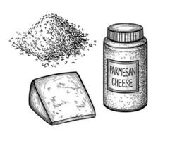 Grated Parmesan cheese. Jar, handful and block. Ink sketch isolated on white background. Hand drawn vector illustration. Vintage style stroke drawing.