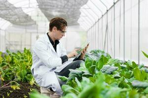 Agriculture scientist man working plant research in bio farm laboratory. Biologist study collecting data with laptop computer. photo