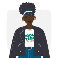 hermoso negro niña en estrella de rock estilo atuendo. africano americano hembra personaje cubrir diseño. belleza mujer perfil avatar. dama retrato de póster pared Arte. Moda mano dibujado plano vector ilustración