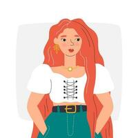 Red-haired young woman in trendy summer outfit. Goddess girl for magazine cover design. Natural beauty portrait. Personage design for poster art. Female character hand drawn flat vector illustration