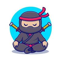 Cute ninja sitting  with two swords cartoon vector illustration