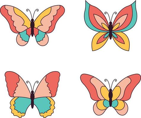 Retro Butterfly, daisy, flower stickers. Hippie 60s 70s elements. Floral romantic sign and symbols in trendy cute retro style.Vector illustration