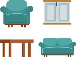 House Furniture. Decorations and furniture During promotions and discounts, it is surrounded by beds, sofas, armchairs. pastel background. Vector illustration.