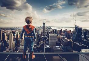 Rear view of young boy on top of skycraper dreaming of becoming a superhero. Generative AI. photo