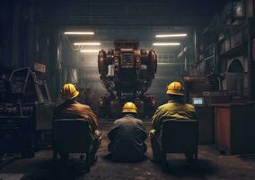 Tres relajado operadores acecho robot trabajando en un industrial medio ambiente espalda vista. generativo ai. foto