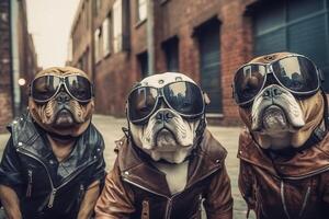 Bulldog bikers with goggles an leather jacket. Generative AI. photo