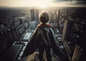 Rear view of young boy on top of skycraper dreaming of becoming a superhero. Generative AI. photo