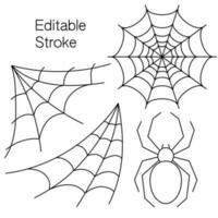 Set of spider, round, corner web spiders with editable stroke. Design template elements for Halloween design. Spooky, scary, horror halloween decor. Vector. vector