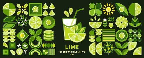 Set of design elements, logo with Lime in simple geometric style. Abstract shapes. Good for branding, decoration of food package, cover design, decorative print, background. vector