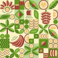Seamless background with red bananas, banana leaves, slices, bunch of bananas. Good for decoration of food packaging, wrapping, advertising. Vector pattern