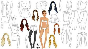 College Fashion Coloring Page Paper Doll with Cute Cartoon Character, Clothes and Hairstyles. Vector Illustration