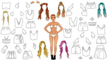 Summer Time Coloring Page Paper Doll with Cute Cartoon Character, Outfits and Hairstyles. Vector Illustration