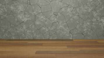 empty parquet floor There is a cracked concrete wall in the background, 3D rendering. photo