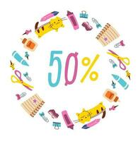 Square cart template with sale 50 cursive font and decorated by round frame of stationery. Vector illustration for 1 st of September.