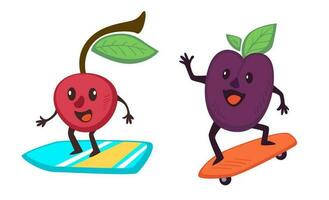 Sportive and active fruit characters on skateboard vector