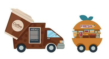 Coffee and fresh juice kiosks or driving trucks vector