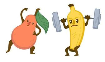 Cute sportive fruits, banana and pear working out vector