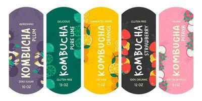 Bright sticker design set for kombucha package vector