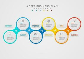 Infographic 6 Steps to Successful Business Plan Multi colored metaballs lined up The circular button in the center has an icon with a letter. direction arrow Square button and colored letters above. vector