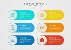 infografía modelo sencillo 6 6 negocio opciones redondeado cuadrado multi de colores circulo botón izquierda centrar icono Derecha lado blanco letras gris degradado antecedentes diseño para marketing, planificación, producto vector