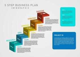 3D multi colored square stair step infographics 5 Steps to Successful Business Planning Isometric white icons on the top right with colored frames placed lettering. gray gradient background vector