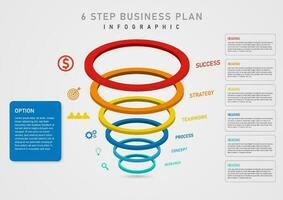 3d infographic template 6 steps business plan success circular multicolored stacked vertically Several icons on the left There is a square frame and letters on the right, a gray gradient background. vector