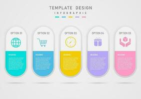 Infographic 5 business options templates design rounded capsules multi color pastel Color icons on white background above. The letters below the gray gradient background. vector