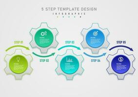 infografía modelo 5 5 pasos engranajes con multi de colores círculos letras y íconos encima centrar flecha en gris degradado antecedentes. diseño para negocio, planificación, marketing, proyecto, producto, inversión. vector