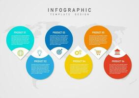 infographic template 6 options water drop shape multi colored letters top icons acute angle world map bottom gray gradient background Design for business, planning, marketing, project, product. vector