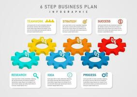 3d infografía 6 6 pasos negocio planificación isométrica multicolor engranajes tener números en el medio un blanco cuadrado marco con letras y íconos en un gris degradado antecedentes. vector