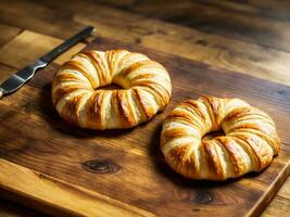 Freshly baked croissant on a rustic wooden table photo