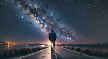 a man walking on a street with a view of night sky and galaxy. Ai generated Image. photo