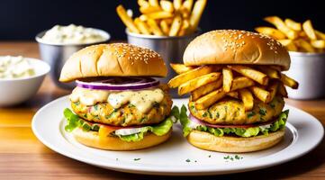 chicken cheese burger plated artistically with crispy golden french fries. Ai generated. photo