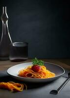 A plate of spaghetti with tomato sauce. Ai generated Image. photo