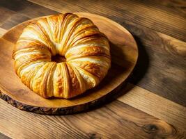 Freshly baked croissant on a rustic wooden table photo