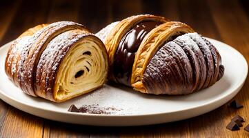 A mouthwatering chocolate croissant with a luscious creamy filling. Ai generated. photo