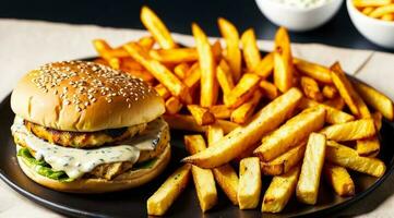 chicken cheese burger plated artistically with crispy golden french fries. Ai generated. photo