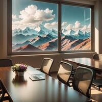 A conference room with a large window and a view of the mountains. photo